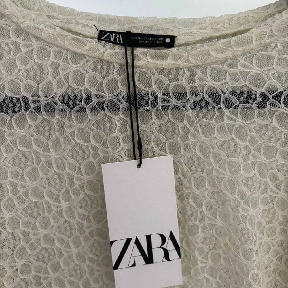 Zara Cream Lace Puff-Sleeve Blouse